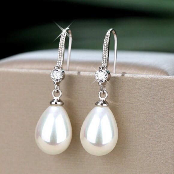 925 Silver Plated Tear Drop Pearl Wedding Earrings, FB16FA1074 - Picture 1 of 3